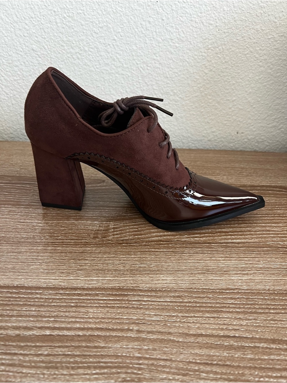 Women's Dark Brown Suede & Patent Leather Lace-Up Block Heel
